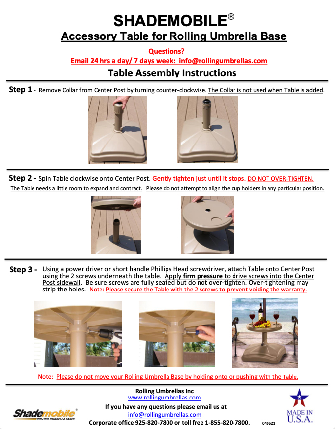Shademobile accessory table assembly instructions