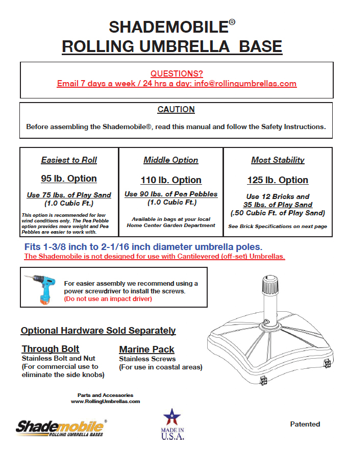 Shademobile rolling umbrella base owners manual